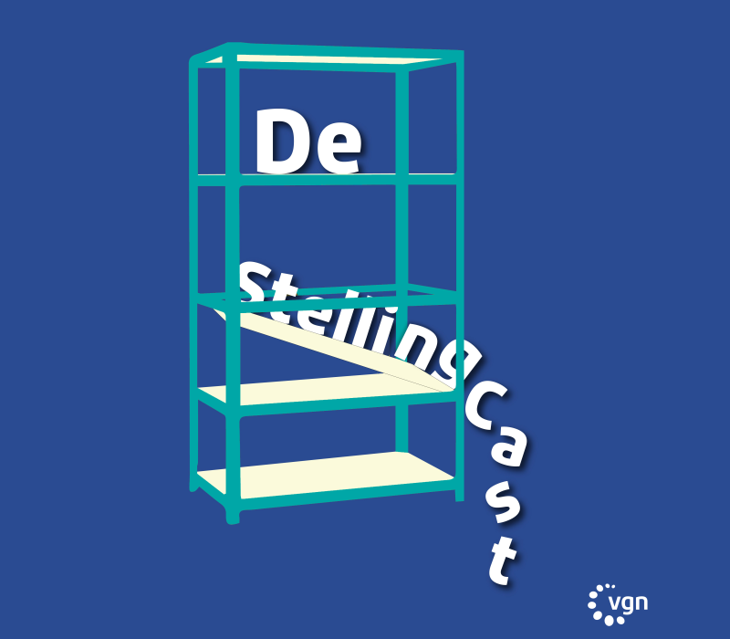 Logo De StellingCast: een getekende stellingkast met de letters De StellingCast erin