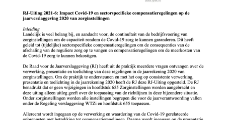 Cover Impact Covid-19 en sectorspecifieke compensatieregelingen op de jaarverslaggeving 2020 van zorginstellingen