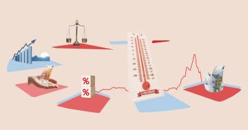 Illstratie die financiële problemen door zorginkoop weergeeft in de vorm van een weegschaal, percentages, een thermometer en een oplopende grafiek