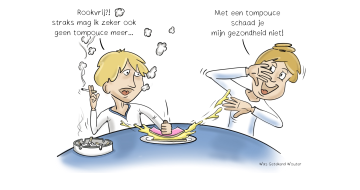 Tekening van twee jongens. Linker jongen slaat op een tompouce en boven hem staat de tekst 'rookvrij?! Straks mag ik zeker ook geen tompouce meer...' en daartegenover een jongen die zegt 'met een tompouce schaad je mijn gezondheid niet'