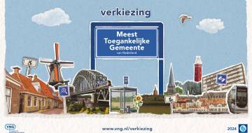 tekst meest toegankelijke gemeente weergegeven op een plaatsnaambord omringd door tekeningen van nederlandse gebouwen