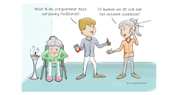 tekening over rookvrije zorg met links een oudere dame in rolstoel en daarnaas ttwee zorgmedewerkers die zich afvragen of ze de als zorgverlener nog een verslaving moeten facilliteren