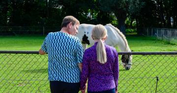 Moeder en kind kijken naar een paard