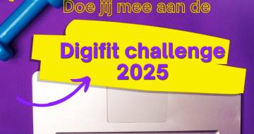 Toetsenbord met daarnaast een dumbbell en de tekst 'digifit challenge 2025'