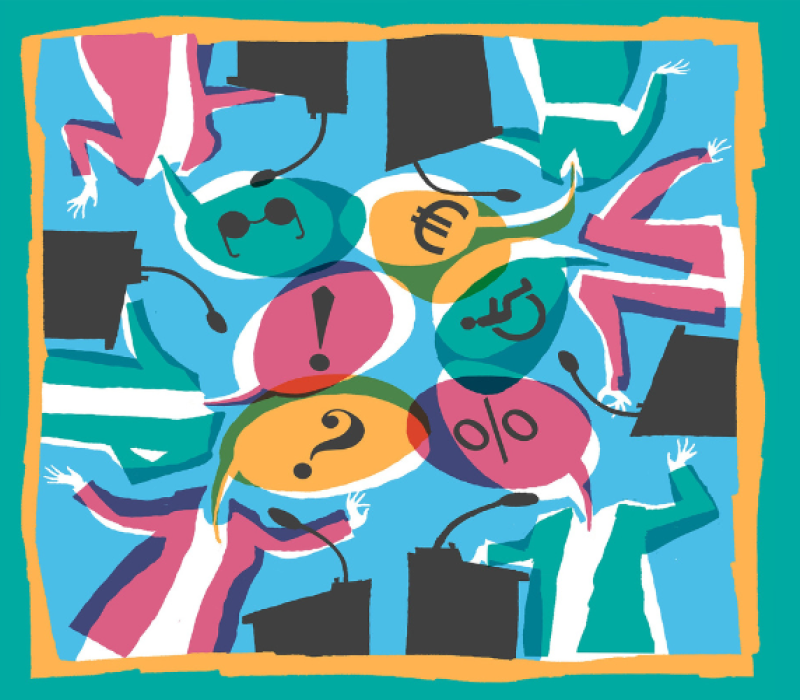Abstracte illustratie van figuren achter een katheder. Op de plaats van het hoofd hebben de figuren een spraakwolkje met bijvoorbeeld een euroteken, een vraagteken en een rolstoel